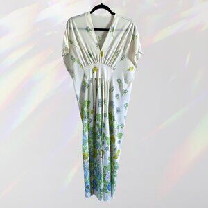 70s Floral Kaftan - Blue, Yellow, and White Flowers
